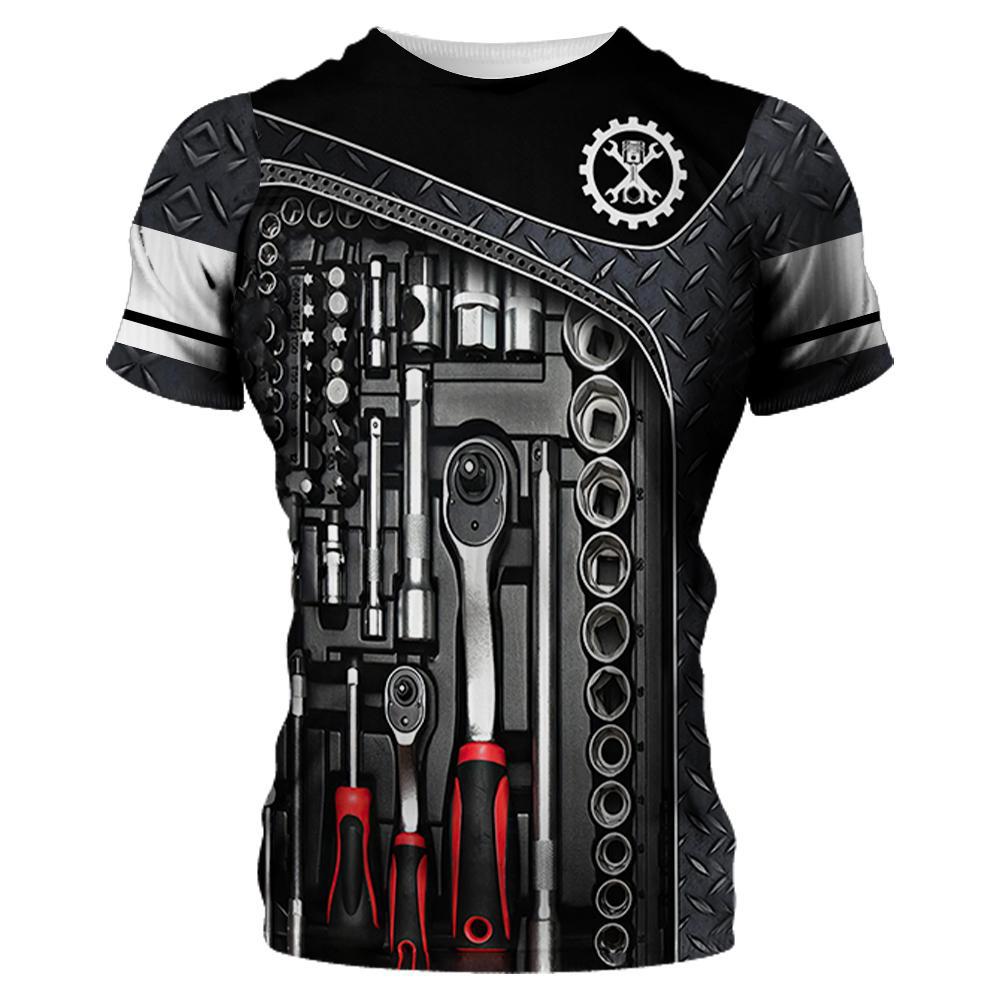 

Summer Digital Mechanical Tool Printed Men s Short Sleeved T-shirt Men s Round Neck Loose T-shirt S