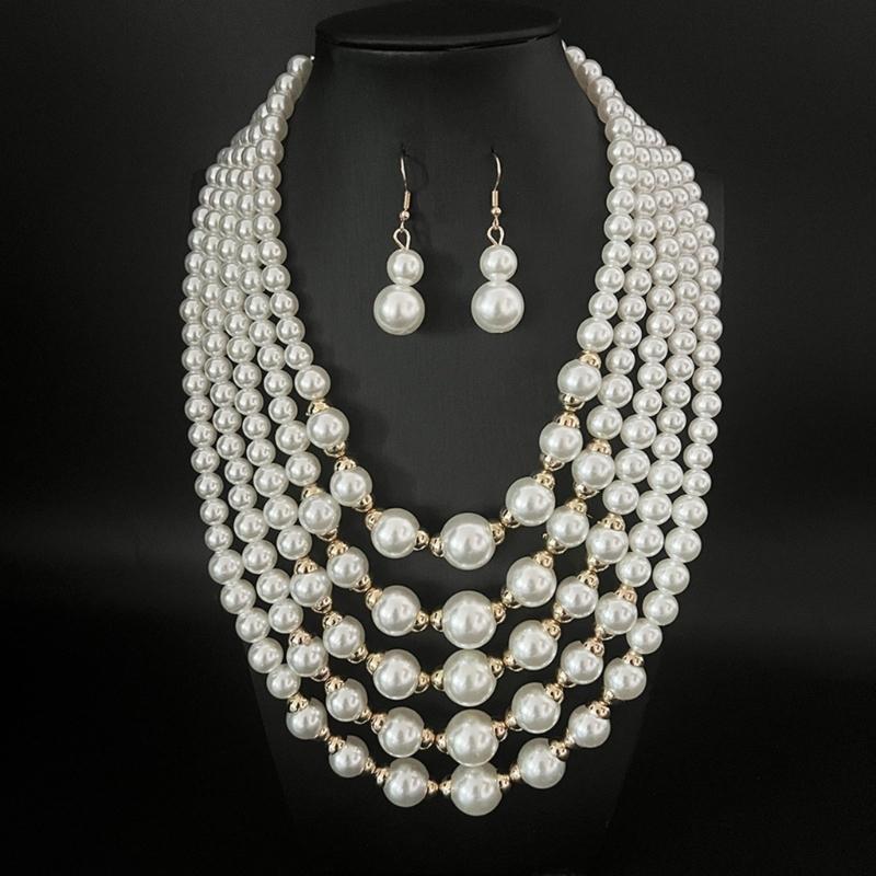 Fashionable Layering Artificial Pearls Necklace With Matching Studs Comfortable Daily Wear Accessories