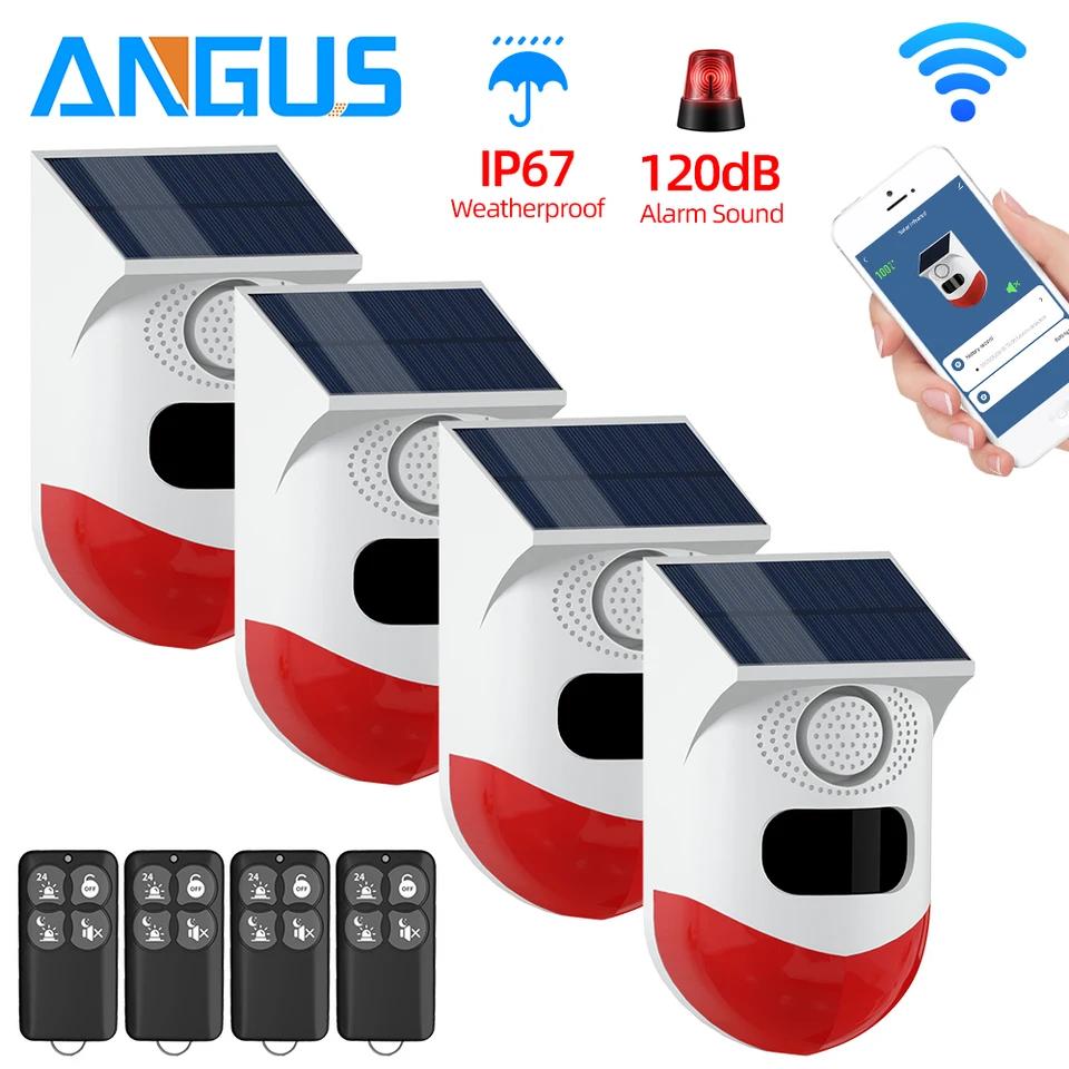 Angus WiFi Outdoor Solar Infrared Motion Sensor Alarm Siren IP67 Waterproof ABS Smart Anti-Theft Anti-Pet&Wildlife  False Alarm 2 pcs WiFi Solar Infrared Motion Sensor Alarm