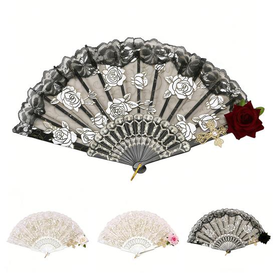 Vintage Rosen Spitzen Faltfächer Hochzeitsfeier Braut Handfächer Tragbarer Sommerfächer Dekoration Tanzaufführung Requisiten Partyzubehör