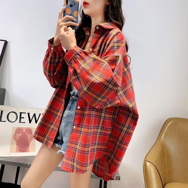 2026 Spring/Autumn Women's Loose Plaid Shirt - Versatile Korean Retro Hong Kong Style Outerwear.