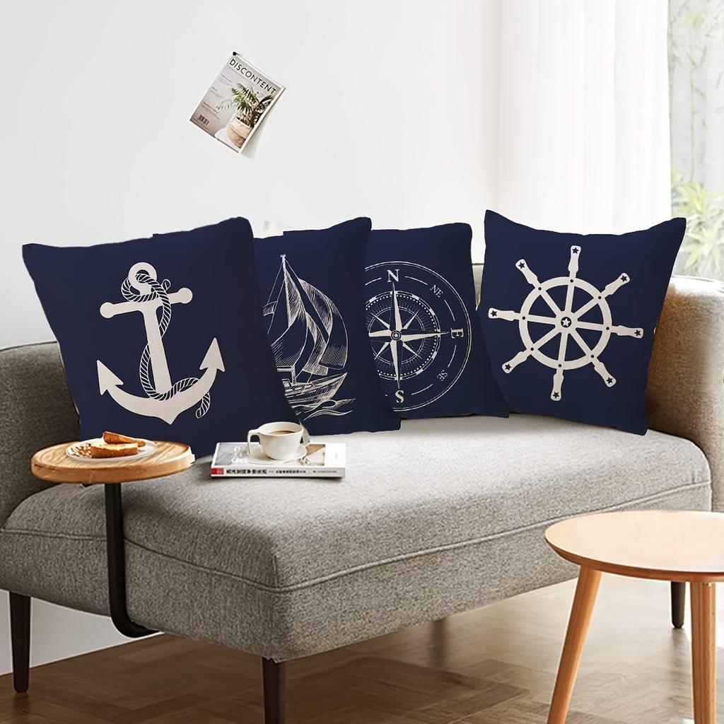 1/4 Stück Marineblaue Kissenbezüge mit Meeresmotiv und Designs von Steuerrad, Kompass, Anker und Segelboot Sofakissenbezug Heimdekoration