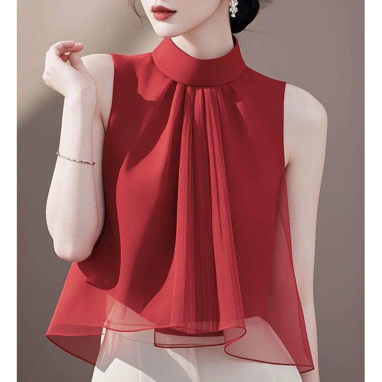 Unique Gradient Blouse Women Elegant French Sleeveless Chiffon Shirt Stylish Casual Summer Top