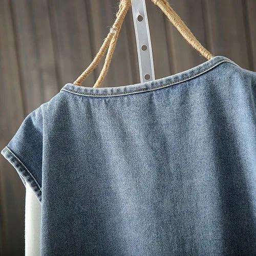 Women's Vintage Loose Casual Sleeveless Vest Solid Color Simple Button Pocket Denim Jacket
