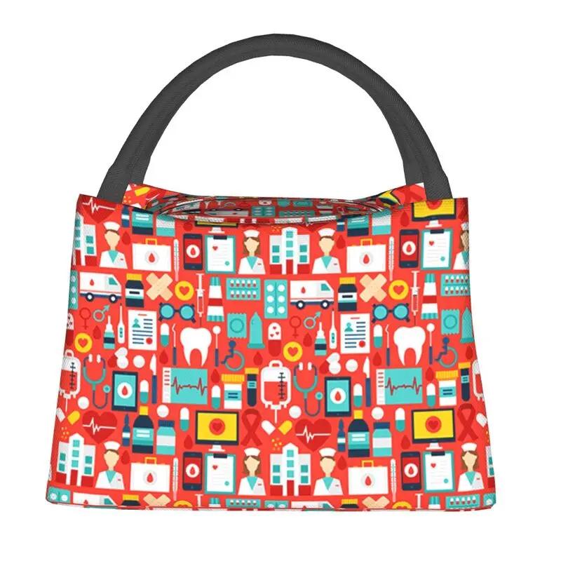 Nurse Nursing Tool Pattern Insulated Lunch Bag for Work Office Resuable Thermal Cooler Bento Box Women