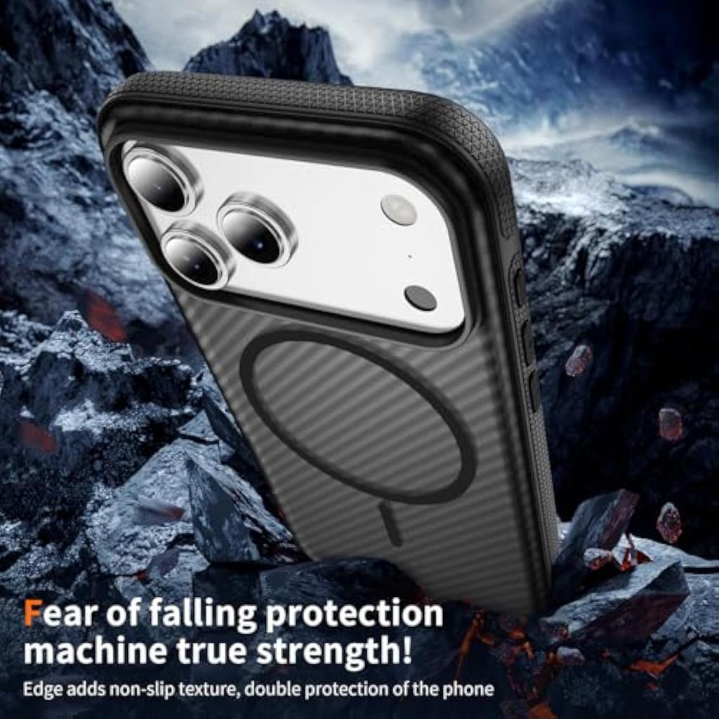 For iPhone 17 Pro Magnetic Case Carbon Fiber Texture PC + TPU Anti-Slip Phone Cover Compatible with MagSafe