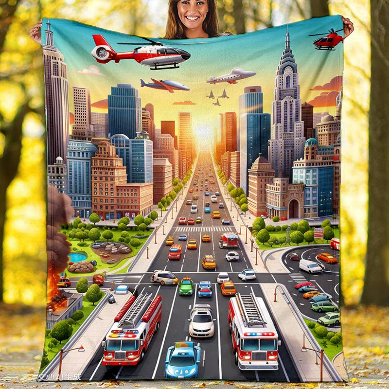 Cartoon City Traffic Scene Fleece Printed Flannel Blanket, Warm Soft Throw Sofa Bed Blanket