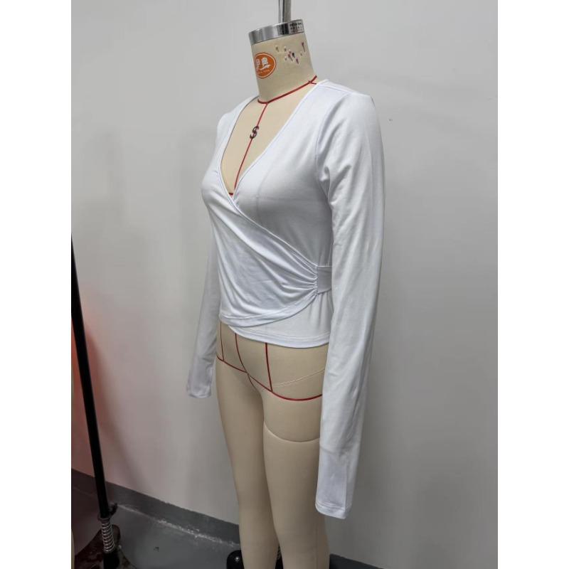 Women S Slim Fit V Neck Long Sleeve T Shirt With Cross Waist Wrap