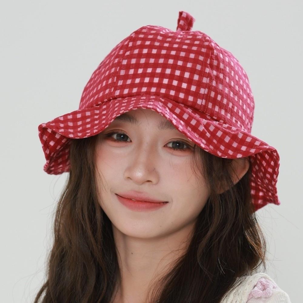 Japanese Plaid Bucket Cap Summer Women's Sun Hat Foldable Fisherman Caps  Girls