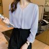[SYitong] Women's Long-Sleeved Chiffon V-Neck Shirt Blouse - Elegant, Relaxed Fit, Solid Color, Figure-Flattering, Stylish, Versatile, Suitable for Ev
