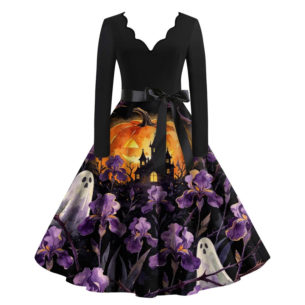 Women's Halloween Printed Long Maxi Dress for Costume Party
