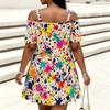 Women Plus Size Cold Shoulder Chain Strap Short Sleeve Printed Loose Casual Dress