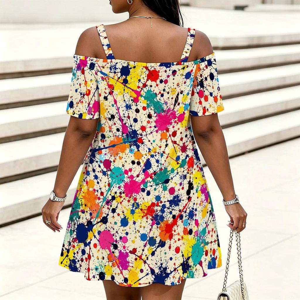 Women Plus Size Cold Shoulder Chain Strap Short Sleeve Printed Loose Casual Dress