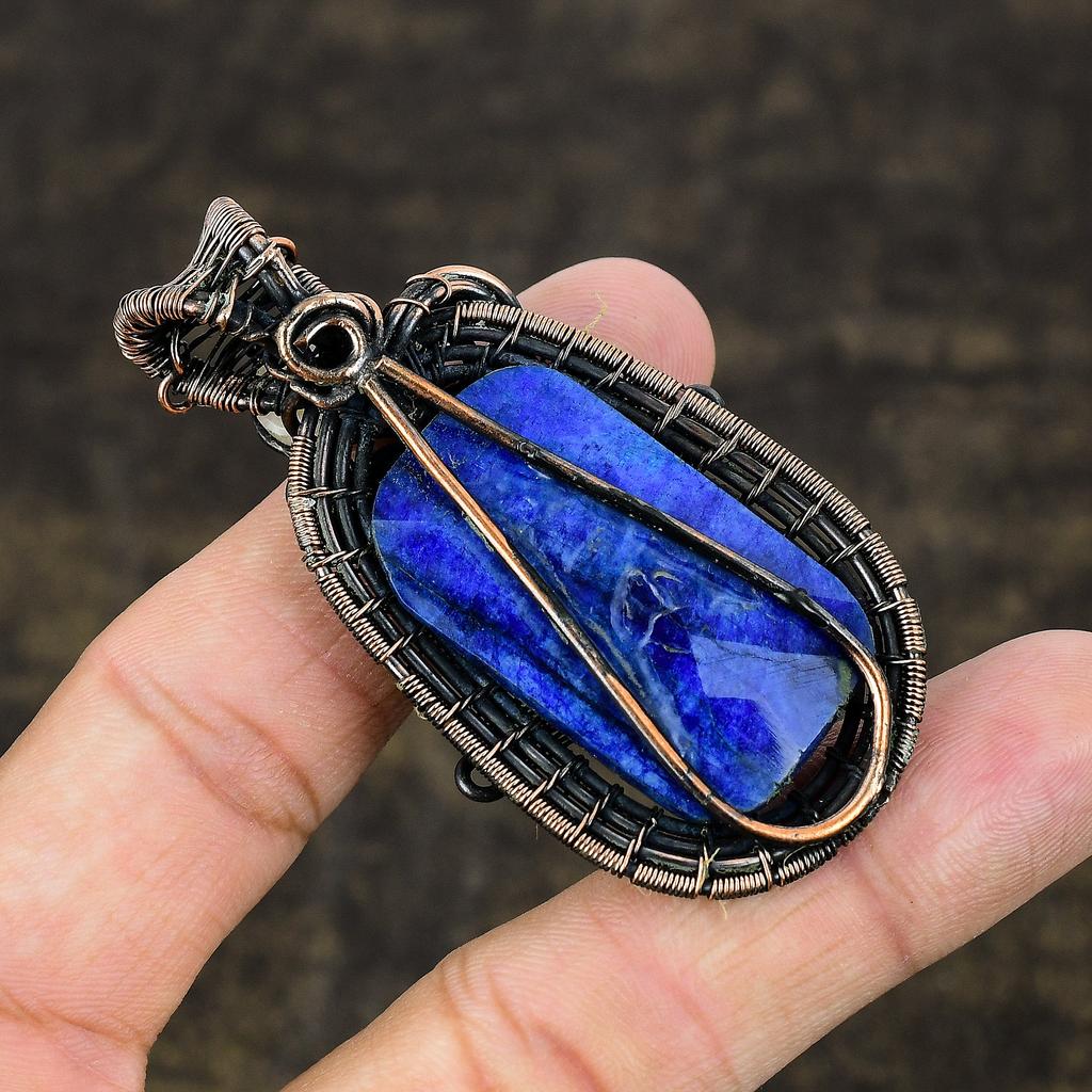 Natural Lapis Lazuli, Moonstone Gemstone Copper Wire Wrap Pendant 2.68" u4h47