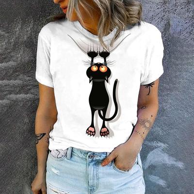 Damen Reinweißes T-Shirt Lustiges Katzen-Humor-Muster-Druck-T-Shirt Mode-Freizeit-T-Shirt Sommer-Kurzarm-T-Shirt