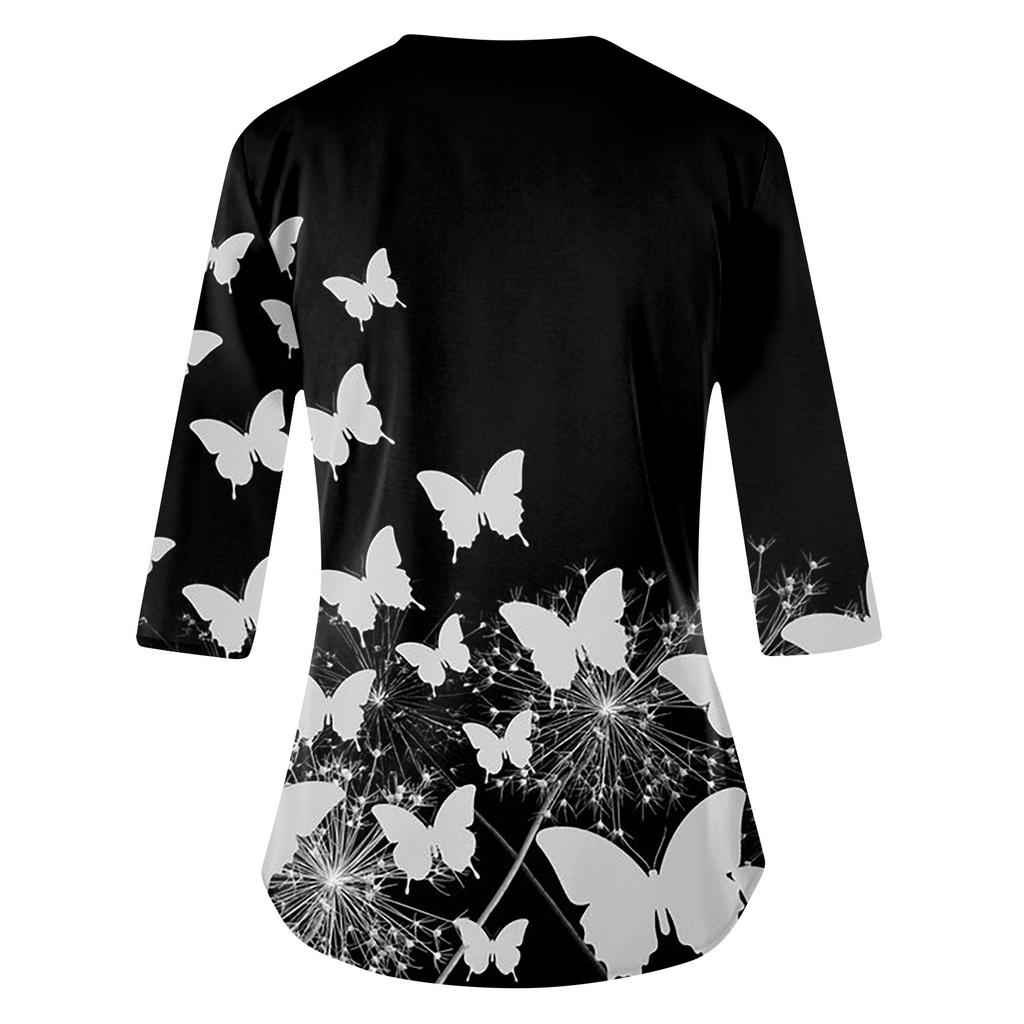 Fashionable V-neck Women's 3/4 Sleeved Work Clothes Pocket Printed Loose Tops