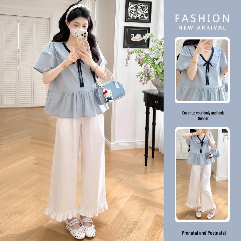 2026 Summer Blue Patchwork Shirt & Ruffle Pants Set 2XL