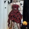 Gothic Plaid Red Summer Dress Women Lolita Streetwear Sleeveless Punk Off-Shoulder Dress Party Assymmetric Dresses