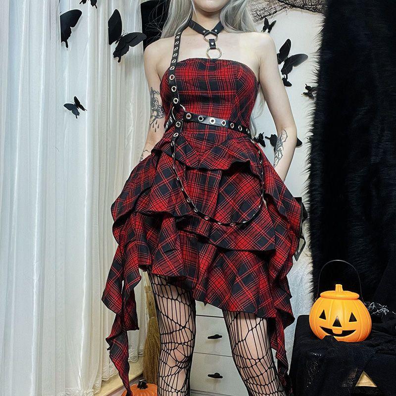Gothic Plaid Red Summer Dress Women Lolita Streetwear Sleeveless Punk Off-Shoulder Dress Party Assymmetric Dresses