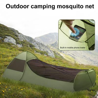 Tenda Poping para uma pessoa com suporte para telefone Rede anti-mosquitos respirável Tenda leve portátil Fácil instalação Camping ao ar livre Caminhada Saco de dormir Cama