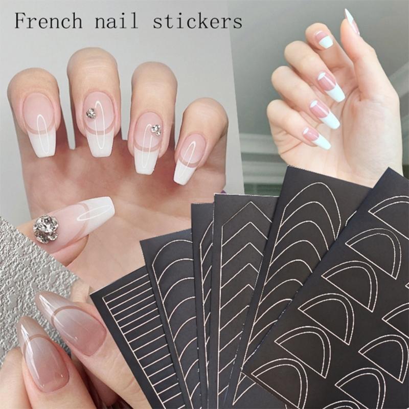 6 Designs French Manicure Strips Nail Art Stickers,Self-Adhesive Nail Tips Guides for DIY Nail Decoration Stencil Tools