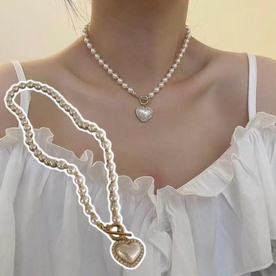 Women Double Layer Necklace Faux Pearls Heart Pendant Choker Necklace Hip Hop Style Short Necklace