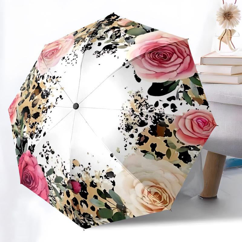 1pc Floral Leopard Print Auto-Fold Umbrella with One-Touch Open/Close - 8 Reinforced Ribs for Windproof Stability Yy251118143