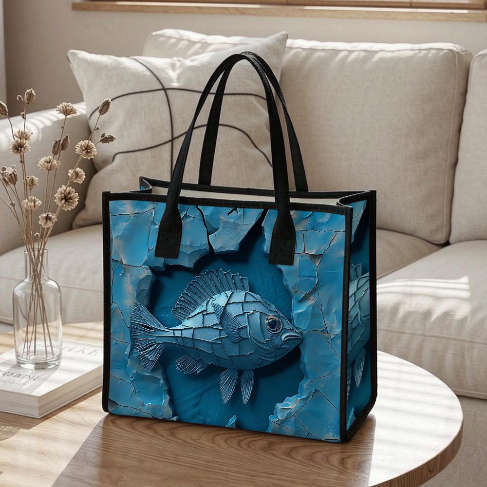 Unique Blue Fish Pattern Tote Bag Casual Reusable Shopping Bag for Daily Use