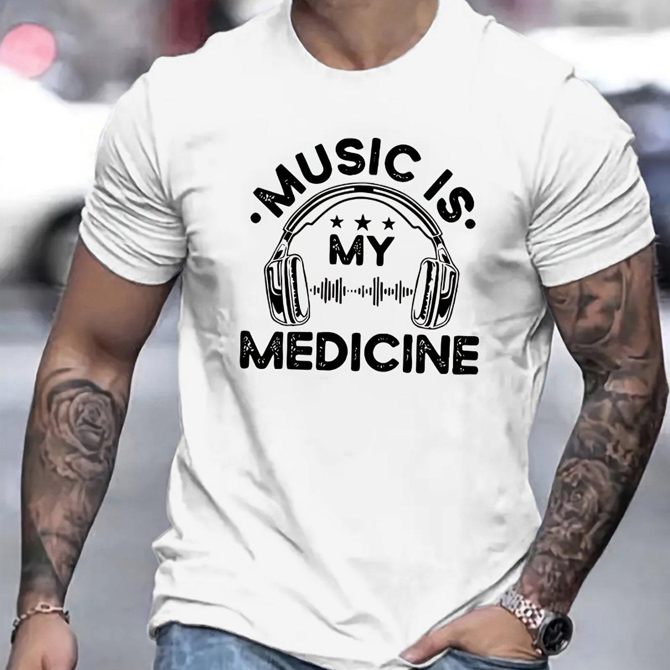 

Music Medicine Graphic Tee Mens Short Sleeve Cotton T-Shirt Comfortable Casual Wear for Music Lovers with Eye Catching Print 4XL
