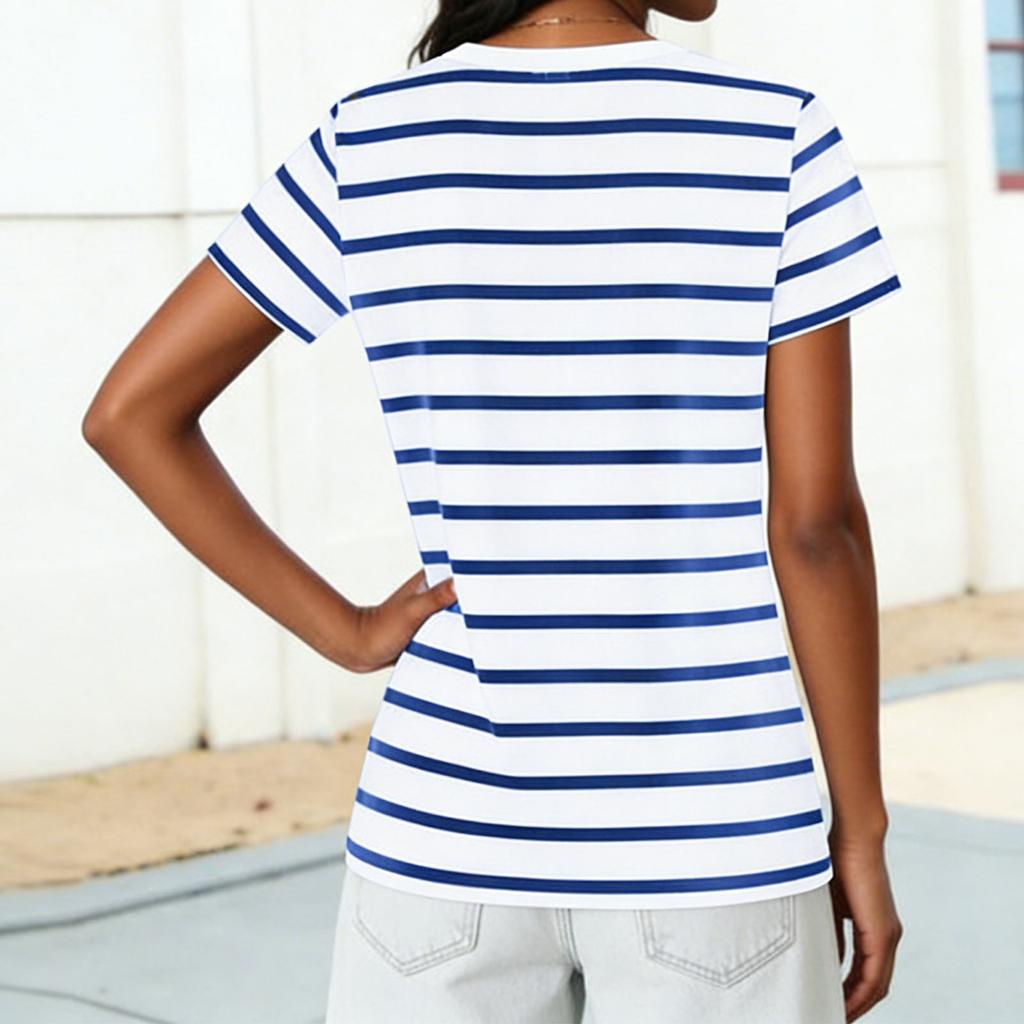 Ladies' Casual Fashion Striped Printed Short Sleeved Shirt