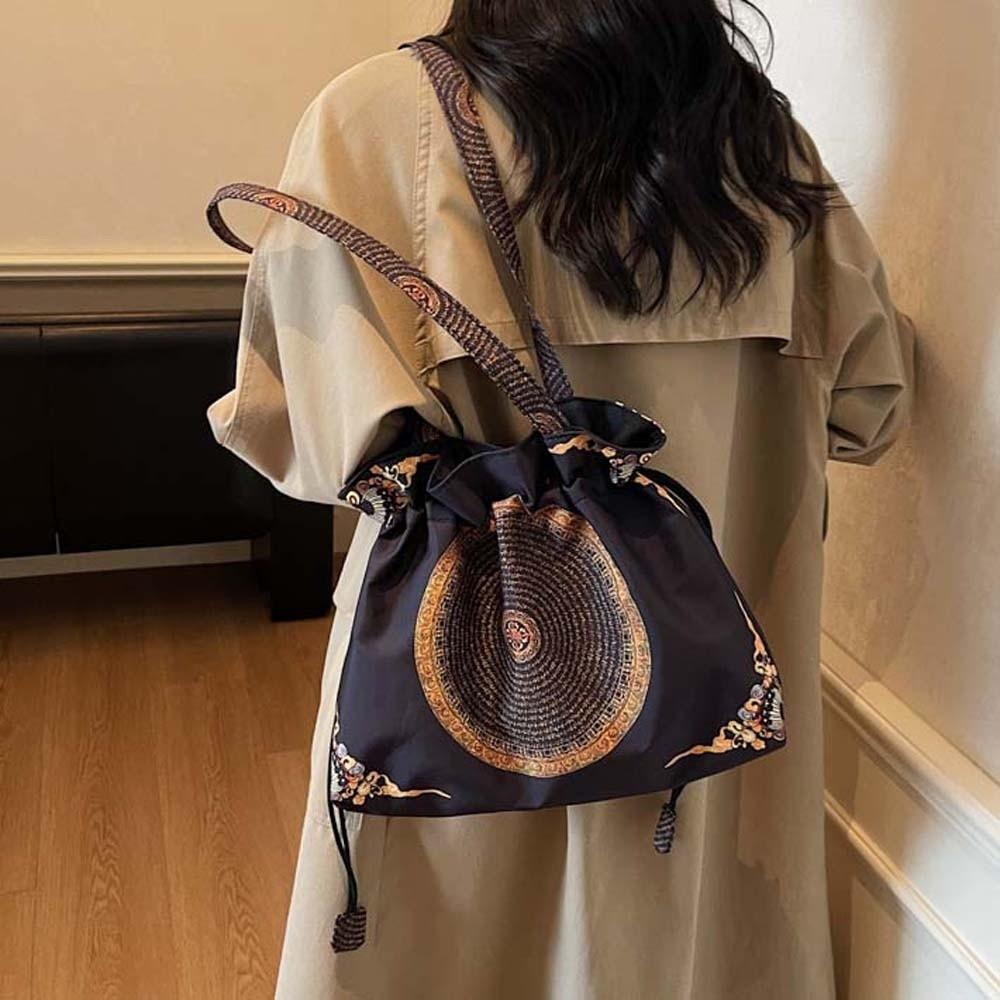 Retro Hanfu Drawstrings Bag Flower Embroidery Handbag Chinese Printed Shoulder Pouch  Outdoor