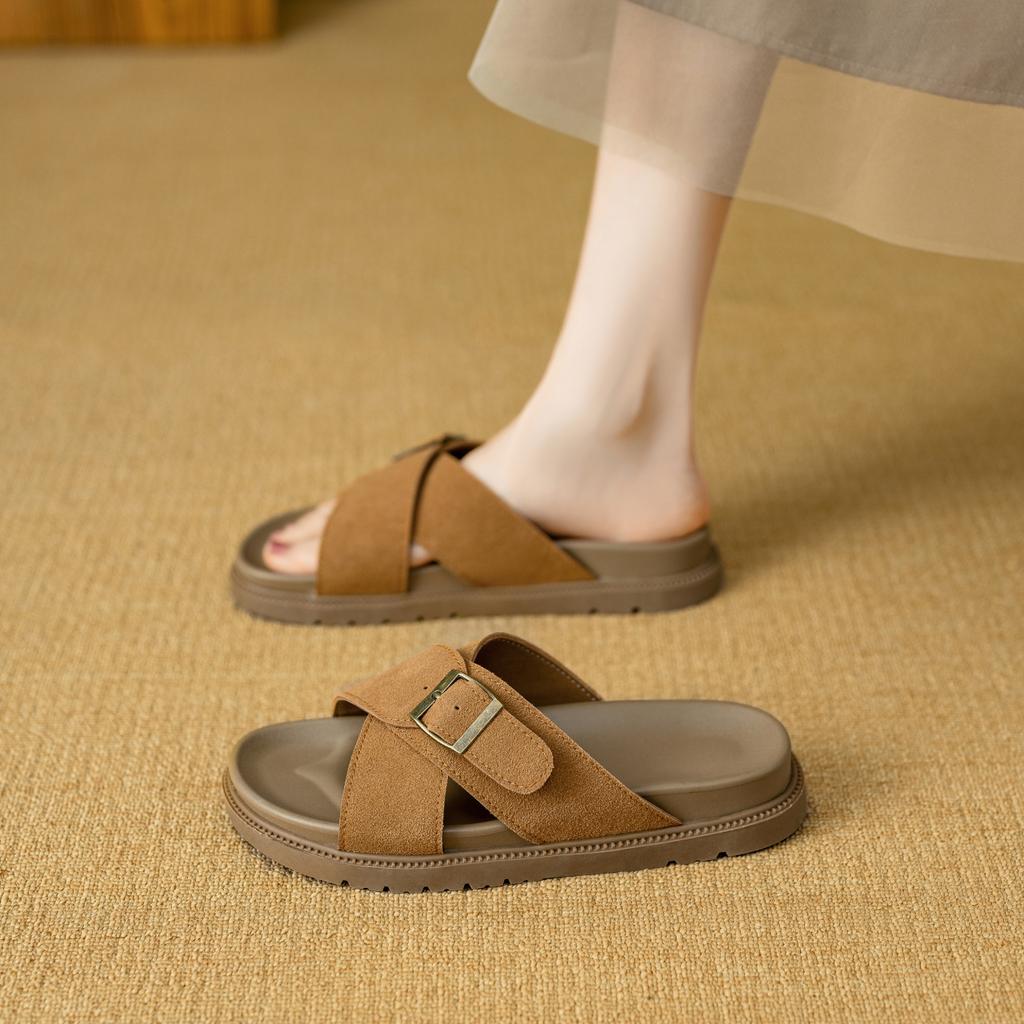Mode Damen 2025 Sommer Neue Hausschuhe Flacher Boden Dicker Boden Offene Zehen Metallschnalle Tragen Strand Coole Hausschuhe Draußen Hausschuhe