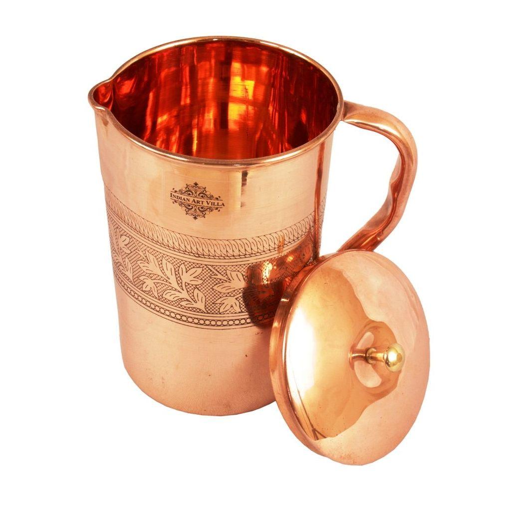 Copper Jug Pitcher, Embossed Design, Brass Knob, Serveware & Drinkware, Ayurvedic Health Benefits, 2 litres