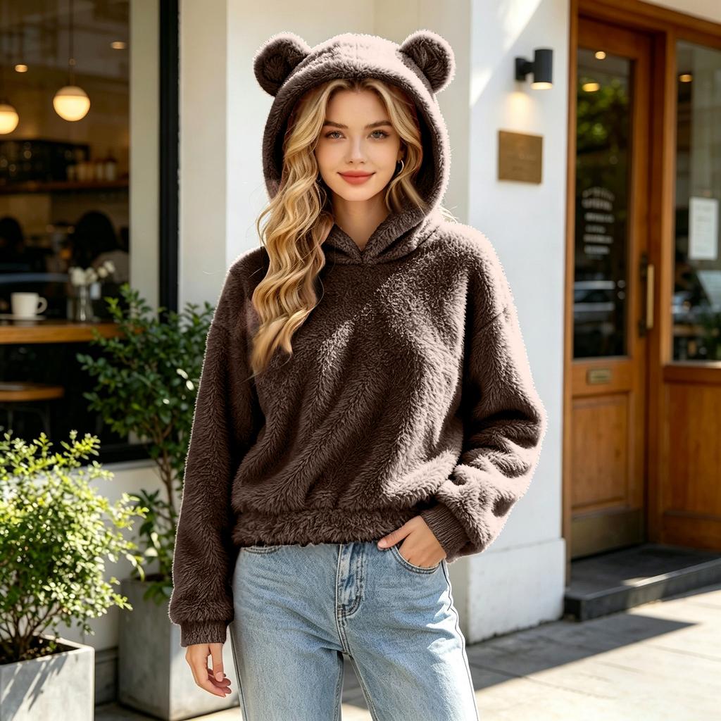 Women's Plush Hooded Sweater with Ears Warm Pullover for Casual Winter Wear