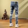 Men's Retro Patchwork Slim-Fit Elastic Jeans: Trendy, Stylish Casual Long Pants for Autumn and Winter.