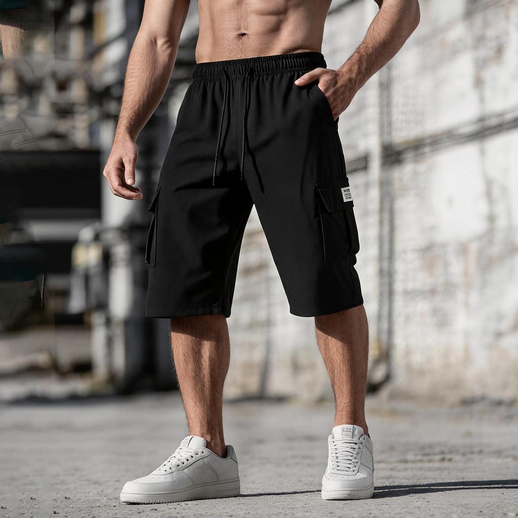 Men's Solid Color Cargo Shorts Summer Lightweight Outdoor Sports Multi Pocket Casual Workwear Shorts with Elastic Waist Drawstring