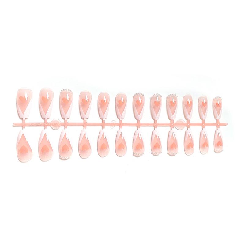 24pcs Love Heart Printed Nails Patch Glue Type Long Paragraph Fashion Removable Manicure False Nail Patch