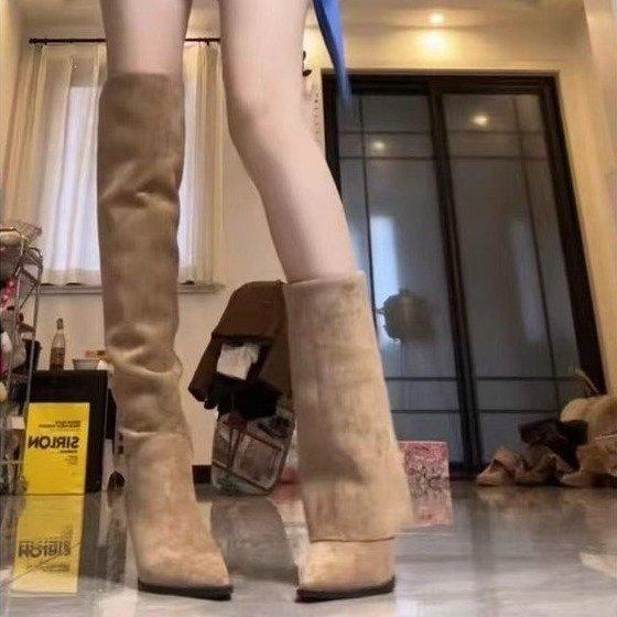 Retro high-heeled boots women's new autumn and winter pointed suede over the knee piled boots slim knight boots