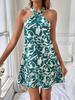 Halter Neck Flower Print Dress Lace Up Ruffle Edge Backless Dress Sleeveless Chiffon Dresses Causal Women Dress