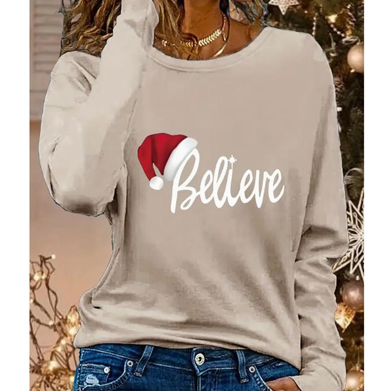 

2025 Осень и Зима Женский Новый Повседневный Топ с Круглым Вырезом и Длинным Рукавом с 3D Рождественским Узором 8XL бежевый