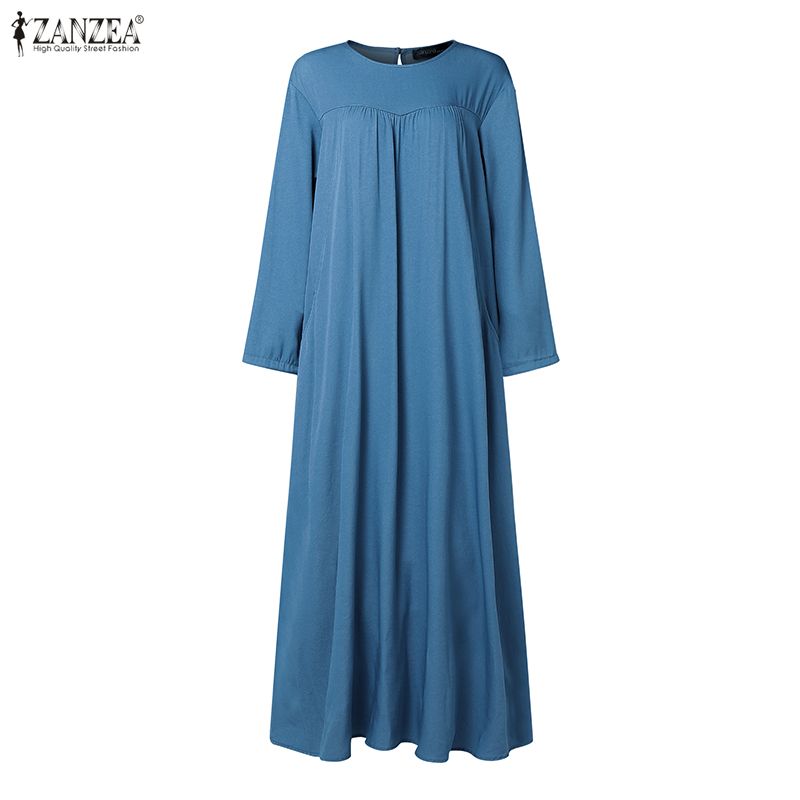 ZANZEA Women Elegant Casual Round Neck Solid Color Long Sleeve Loose Dress