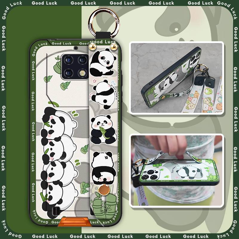 Cute Back Cover Phone Case For Oukitel WP6 Silicone Cartoon Ring Wrist Strap Panda Fashion Design Phone Holder Soft Case
