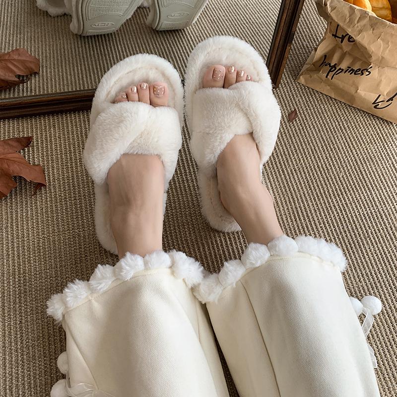 Fashion 2025 New Women’s Fur Slippers Indoor Furry Fuzzy Open Toe Shoes Home Cozy Warm Slides Double Straps Slipper Soft Sole Non Slip