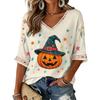 Women's V-Neck Three-Quarter Sleeve Halloween Print Blouse for Party and Costume Wear