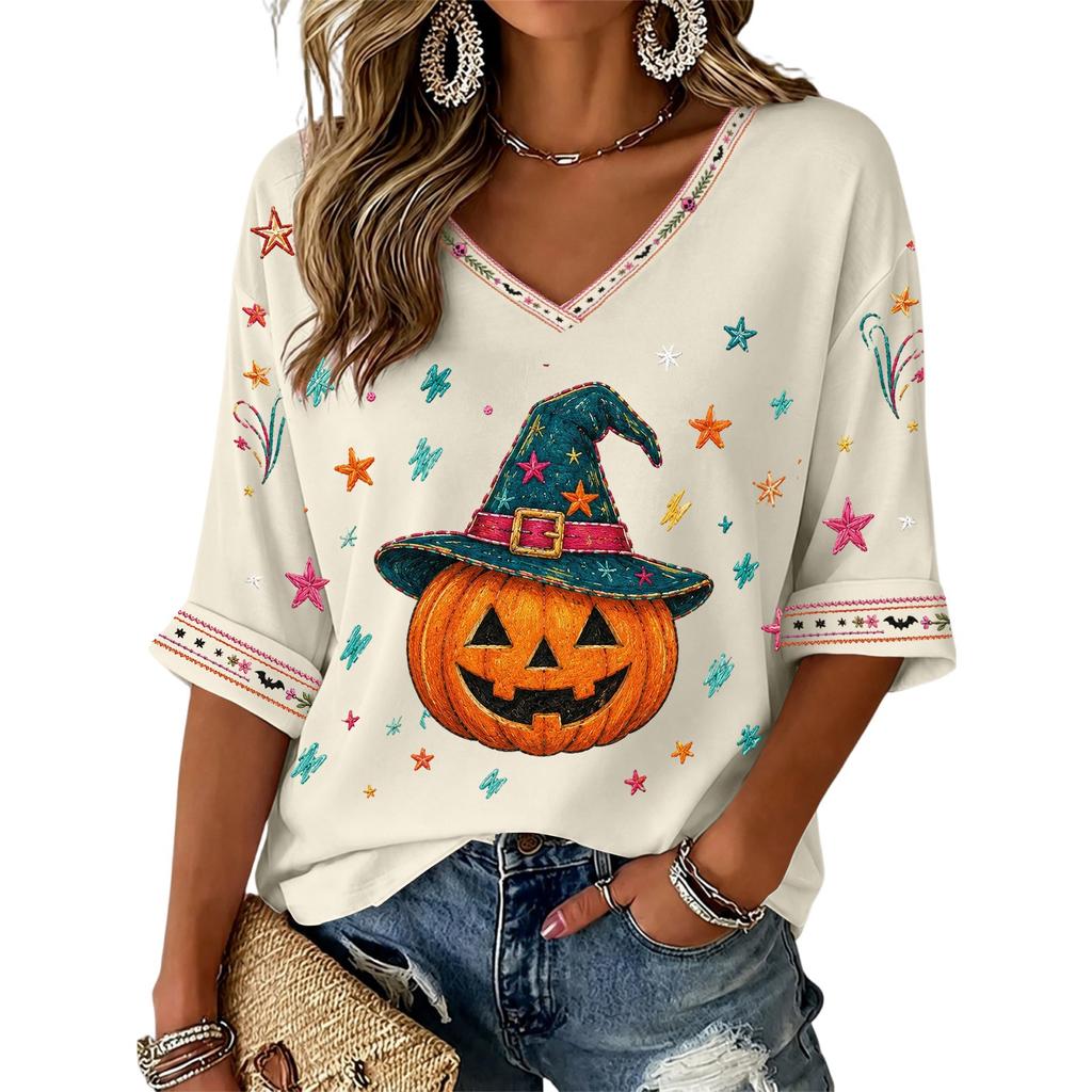 Women's V-Neck Three-Quarter Sleeve Halloween Print Blouse for Party and Costume Wear