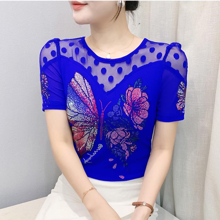 Lato Nowa Koszulka w Kropki Koronkowa Damska Błyszczący Motyl Gorące Diamenty Bling Designerskie Topy Eleganckie Wyszczuplające Damskie T-shirty