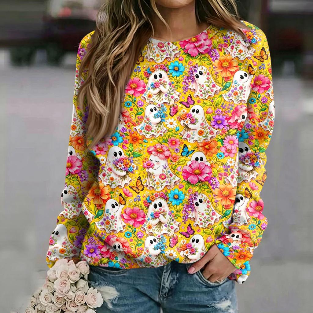 Women's Casual Neck Long Sleeve Raglan Halloween Print Sweatshirt