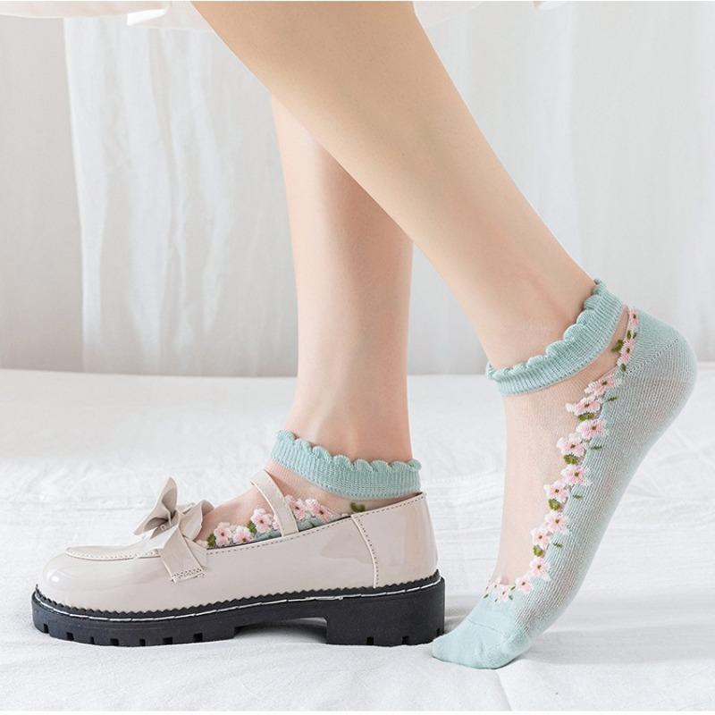 Summer Short Socks Made of Floral Glass Fiber for Women, Cute Ins Short Socks with Cotton Soles, Sweat-absorbing and Breathable Socks