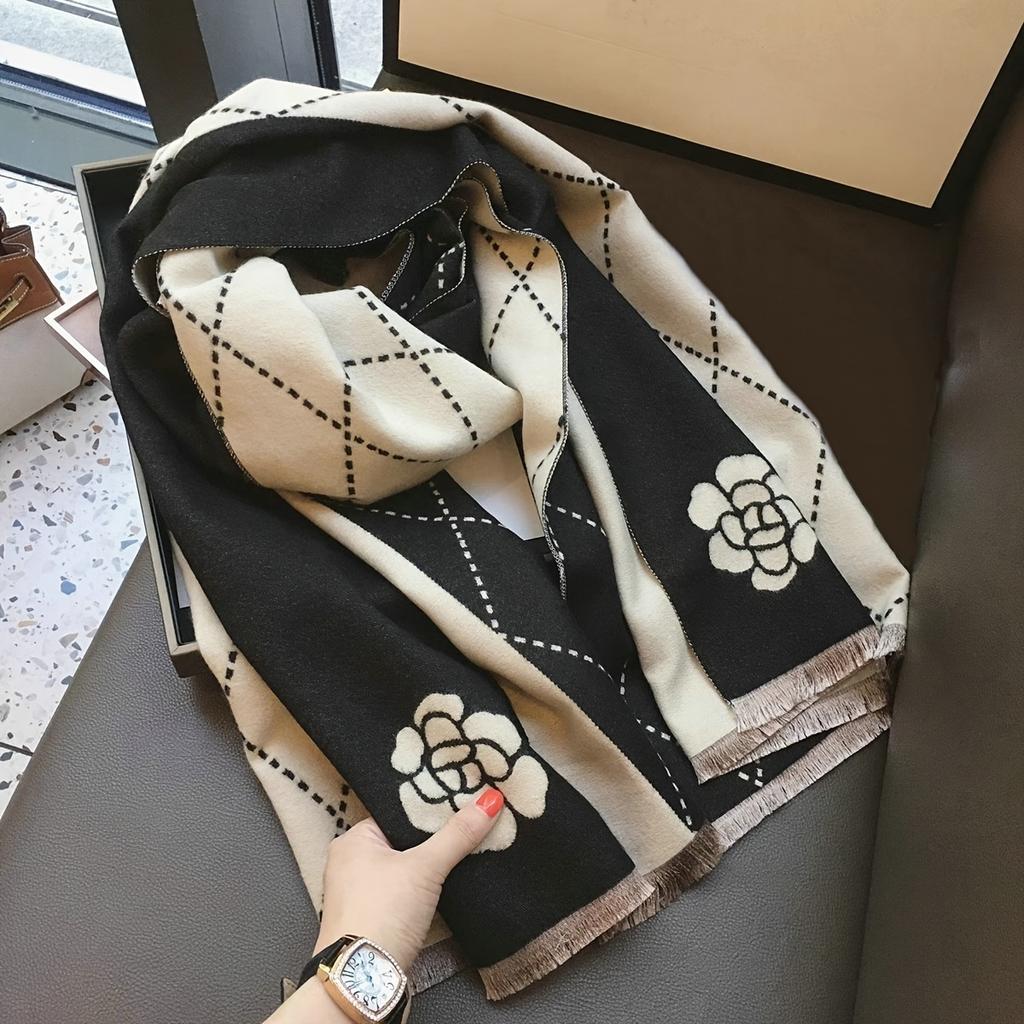 Geometric Camellia Jacquard Scarf Elegant Stylish Imitation Cashmere Fringe Shawl Women  Autumn Winter Versatile Warm Wrap Scarf
