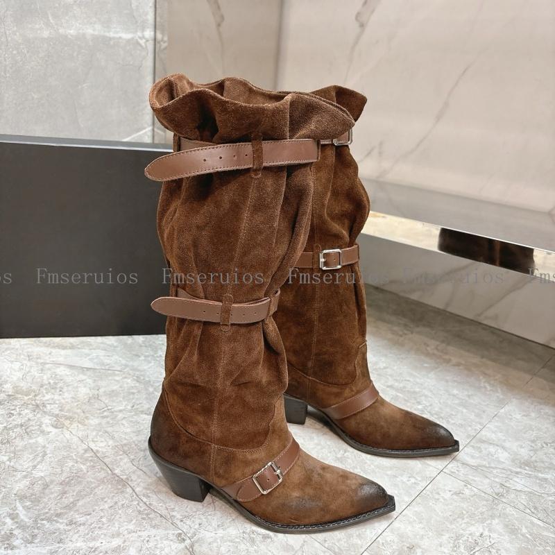 Women Knee High Boots Genuine Leather Pointed Toe Chunky Heel Solid Casual Fashion Simple Design Shoes Western Cowboy Boots